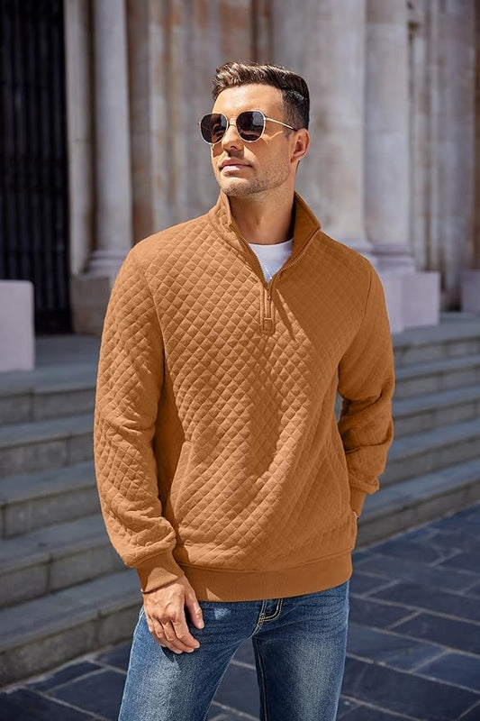 COOFANDY Mens Quarter Zip Pullover Quilted Sweatshirt Knit Long Sleeve Mock Neck Sweater Polo with Pocket