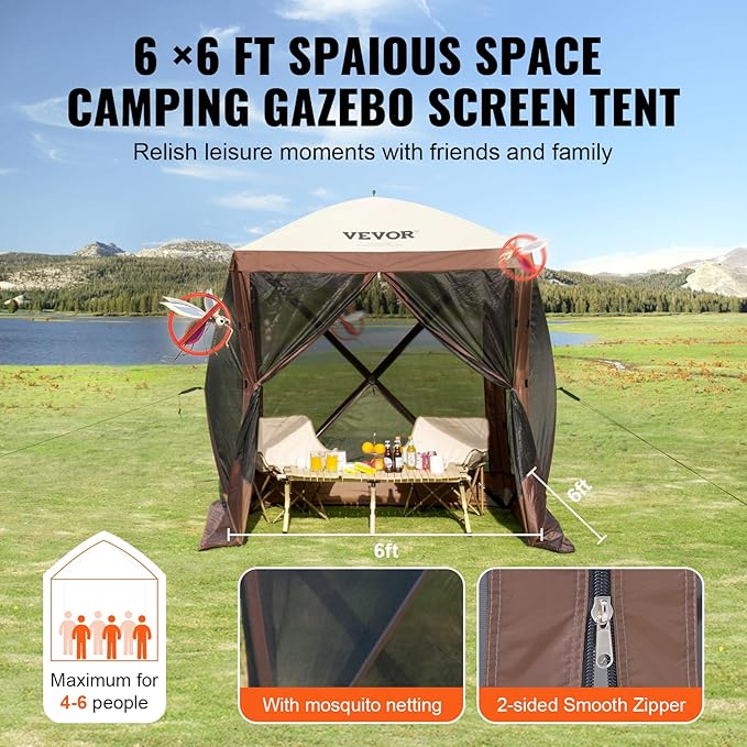 VEVOR Pop Up Gazebo Tent, Pop-Up Screen Tents 4 Sided Canopy Sun Shelter with 4 Removable Privacy Wind Cloths & Mesh Windows, 6x6FT Quick Set Screen Tent with Mosquito Netting, Brown