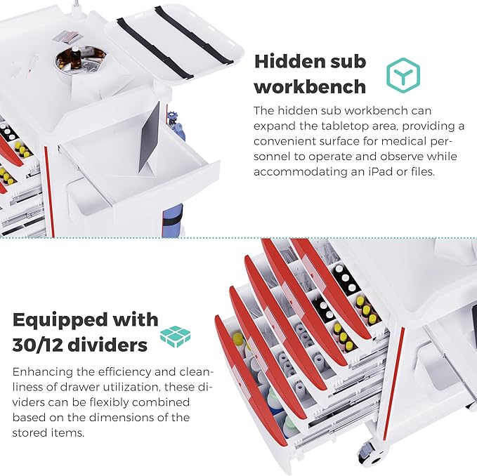 Medical Storage Crash Cart with Wheels - IV Pole, Silent Casters, Drawers with Dividers, Needle Disposal Holder, Trash Bin, O2 Holder, Emergency Mobile Cart for Clinic, Hospital, Nursing Center
