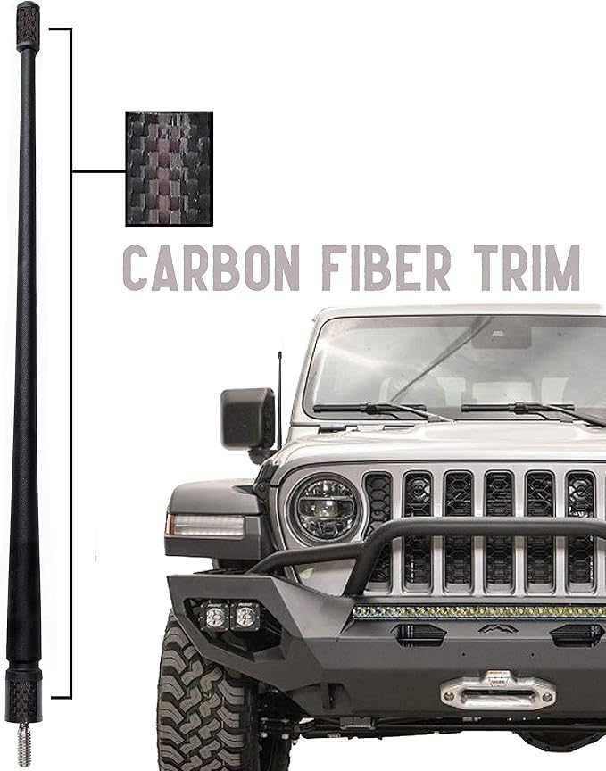 Votex - 13 3/4 Inch Rubber Antenna fits Jeep Wrangler | Gladiator Accessories - USA Stainless Steel Threading - Black Carbon Fiber Trim - Tuned Internal Copper Coil - Part Number A601-JJP-15