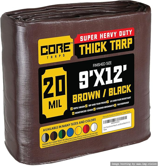 Core Tarps Extreme Heavy Duty 20 Mil Tarp Cover, Waterproof, UV Resistant, Rip and Tear Proof, Poly Tarpaulin with Reinforced Edges for Roof, Camping, Patio, Pool, Boat (Brown/Black 9′ X 12′)