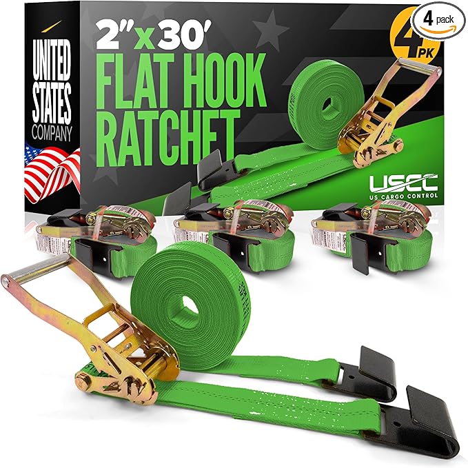 US Cargo Control Flat Hook Ratchet Straps 2 Inch X 30 Foot (4-Pack), 10,000 LBS Break Strength, Green Heavy Duty Ratchet Straps with Black Flat Hooks, Tie Downs for Flatbed Trailer