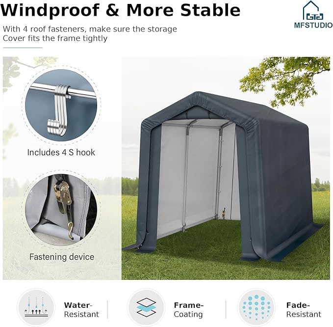 MFSTUDIO 6x10 Storage Sheds, Outdoor Shades Portable Storage Shelter Garage with Rolled up Zipper Doors, Heavy Duty Garages Carport Tent for Motorcycle, Bicycles and Outdoor Tools