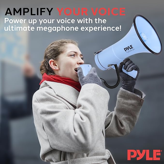 Pyle 50W Megaphone Bullhorn - Portable, Automatic Siren & Adjustable Volume, Projection Range Up to 1200 Square Yards, Aux Input, Talk, Siren, Music, Whistle, & Record, Shoulder Strap (Black)