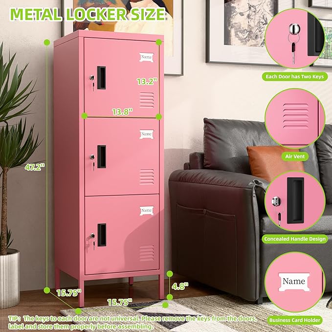 Aobabo Metal Locker, 16" W 3 Door Metal Storage Lockers for Employees with Lock and Name Card Holder for School, Home, Office, Playroom, Assembly Required, Pink