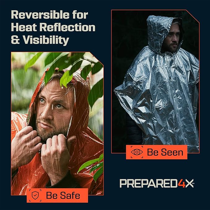 PREPARED4X Emergency Poncho and Mylar Blanket Liner - Waterproof, Wind-Resistant Outdoor Rain Poncho for Camping, Emergencies