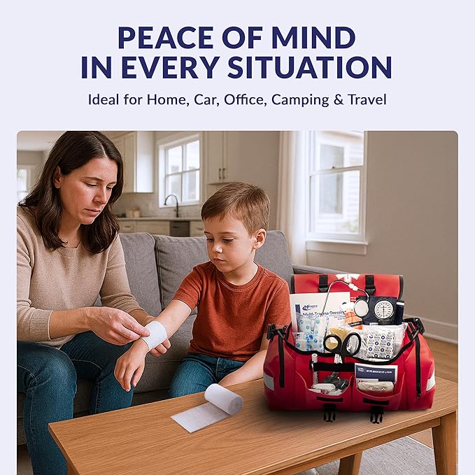 MFASCO First Aid Kit - Fully Stocked Portable Reflective Bag -First Responder Emergency Response Kit -for Natural Disaster Preparedness - Customizable Storage -Includes 415 Pcs First Aid Supplies- Red