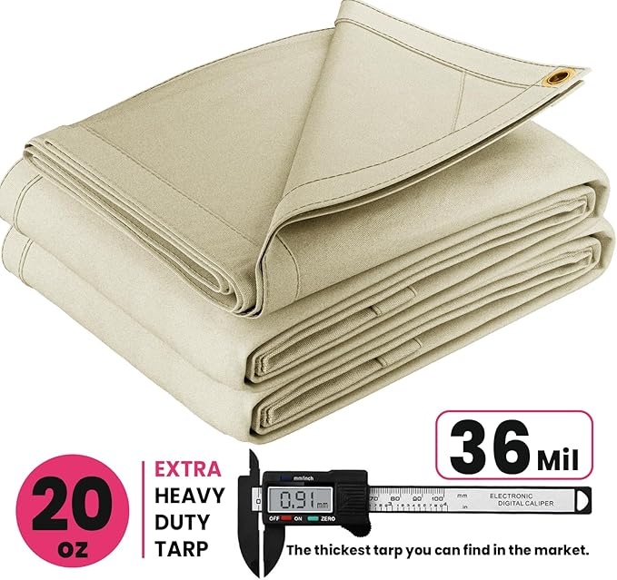 PROTARP Extreme Heavy Duty 20 OZ Water Resistant Canvas Tarp, UV Resistant Tarpaulin Cover with Rustproof Brass Grommets, Multipurpose for Canopy, Roof, Camping, Woodpile (Off White 18'X24')