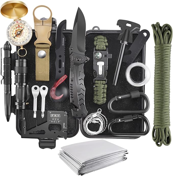 Gifts for Men Christmas Emergency Survival Kit, 22 in 1 Professional Survival Gear Equipment Tools First Aid Supplies for SOS Emergency Tactical Hiking Hunting Disaster Camping Adventure