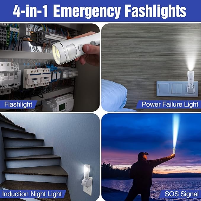 Enhon 4 in 1 LED Emergency Lights for Home Power Failure, 6 Pack Rechargeable Plug in Flashlight Motion Sensor Night Light, Automatic Turn On Power Outage Light for Home Hurricane Supplies(White)