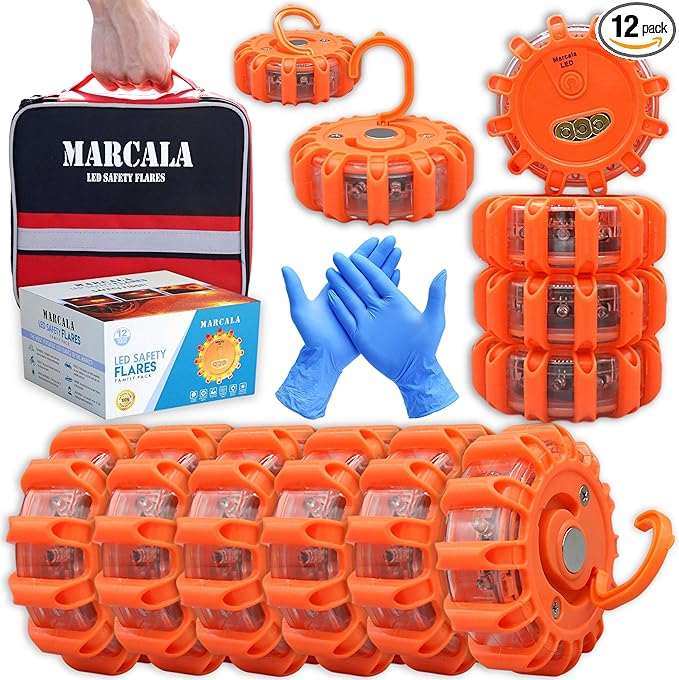 MARCALA Emergency Flares for Cars 12-Pack | Roadside Emergency Car Kit with Flares | Roadside Safety Discs | LED Safety Flare Emergency Lights | Complete Safety Disc Kit | Seen from a Mile Away