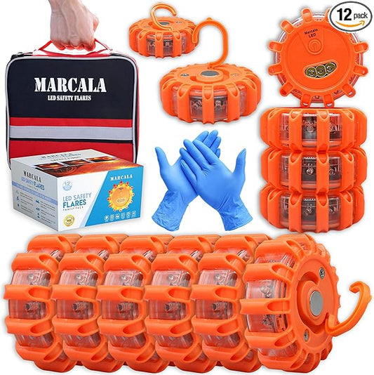 MARCALA Emergency Flares for Cars 12-Pack | Roadside Emergency Car Kit with Flares | Roadside Safety Discs | LED Safety Flare Emergency Lights | Complete Safety Disc Kit | Seen from a Mile Away