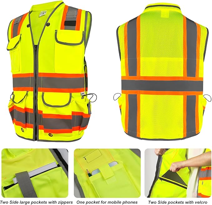 HYCOPROT Reflective Safety Vest Class 2 High Visibility Heavy Duty Construction Vest with Padded Neck,Meet ANSI/ISEA Standard
