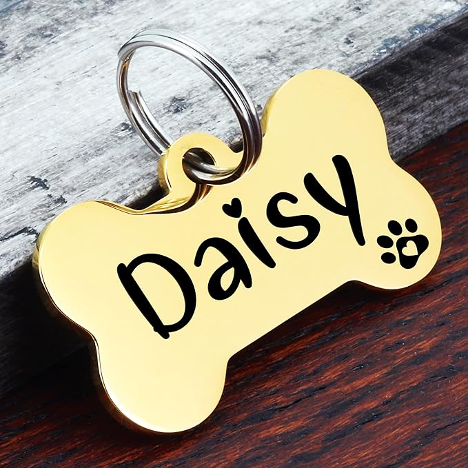 Ultra Joys Personalized Dog Tags for Pets - Durable Stainless Steel Customizable Dog Cat ID Tags - Dog Tags for Safety Optional Engraved on Both Sides -Bone Shape Dog Tag Large Size, Gold