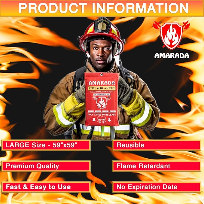 | 4 Pack Emergency Fire Blanket | Large Size 59"x 59" | Ideal for Kitchen, Schools, Offices, Cars, Camping, BBQ, Outdoor Activities