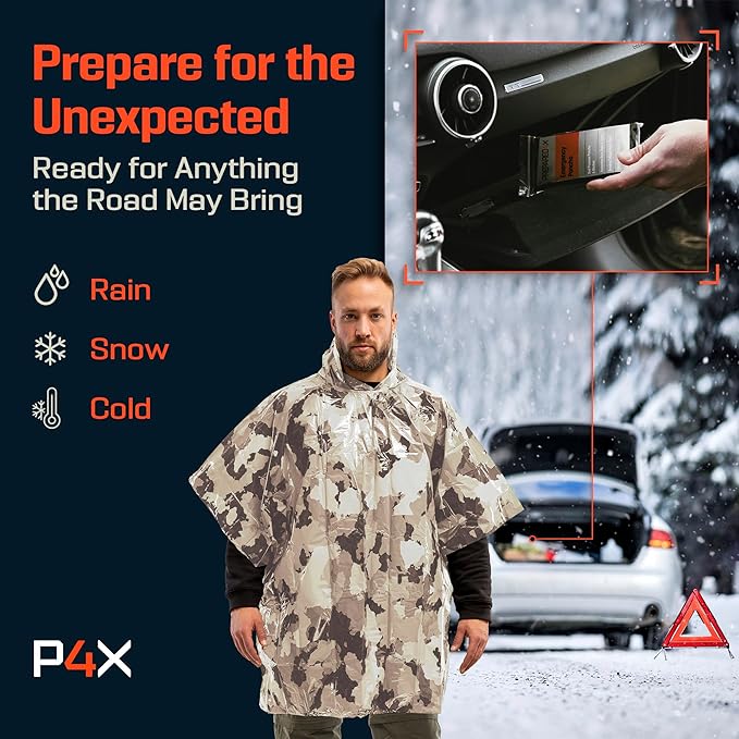 PREPARED4X Emergency Poncho and Mylar Blanket Liner - Waterproof, Wind-Resistant Outdoor Rain Poncho for Camping, Emergencies