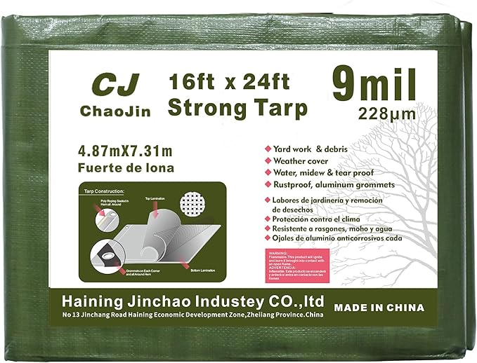 Tarp Waterproof Heavy Duty Tarp Cover Extra Thick UV Resistant, Outdoor Tarps with Grommets and Reinforced Edges for Roof, Camping, Patio, Pool, Boat(9 Mil,16'x24') Military Green