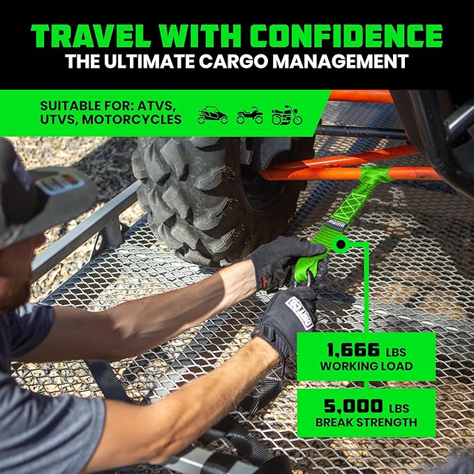 Rhino USA Soft Loop Tie Down Straps (4-Pack) - 1.6 Inch x 17 Inch (5,000 lbs Break Strength) Heavy Duty Motorcycle Handlebar Straps for use with Ratchets for ATV, UTV, Dirt Bike (Green)