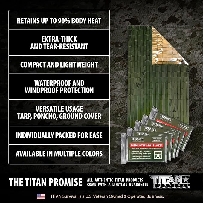 TITAN Survival - Mylar Survival Blankets 5 Pack - 90% Heat Retention & Waterproof Design - Emergency Blanket Cold Weather Protection & Survival Kits - Durable Space Blanket for Outdoor Use