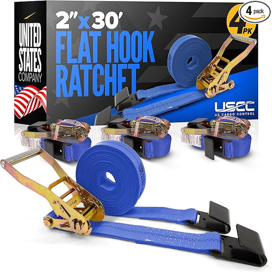 US Cargo Control, Flat Hook Ratchet Strap, Ratchet Tie Down, 2 Inch Width X 30 Foot Length, Blue Ratchet Strap with Black Flat Hook, Weather Resistant Strap, 3,333 Pound Working Load Limit, Pack of 4