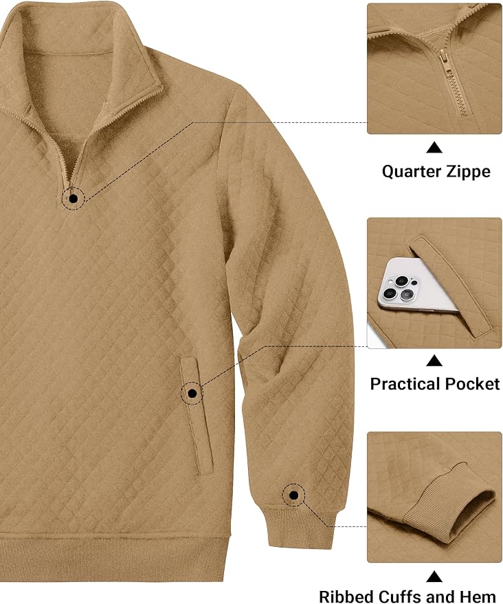 COOFANDY Mens Quarter Zip Pullover Quilted Sweatshirt Knit Long Sleeve Mock Neck Sweater Polo with Pocket