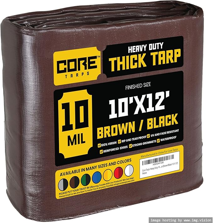 Core Tarps Heavy Duty 10 Mil Tarp Cover, Waterproof, UV Resistant, Rip and Tear Proof, Poly Tarpaulin with Reinforced Edges for Roof, Camping, Patio, Pool, Boat (Brown/Black 10′ X 12′)