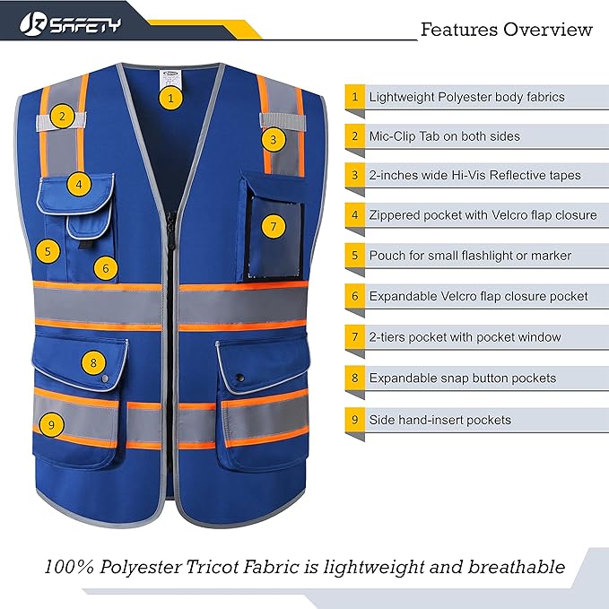 JKSafety 9 Pockets High Visibility Zipper Front Safety Vest | Blue with Dual Tone High Reflective Strips | Meets ANSI/ISEA Standards (901-Blue, Medium)