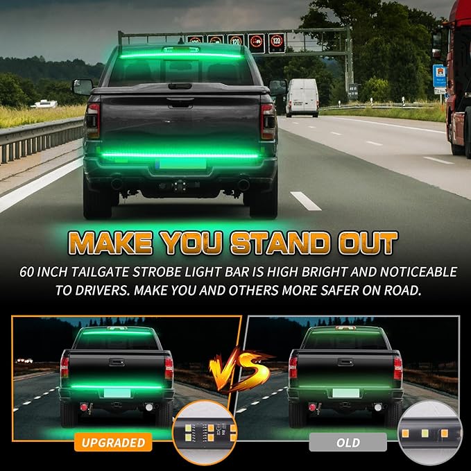 XRIDONSEN 48 inch Truck Green Tailgate Lights Strip 288 LED Tail/Rear Window Emergency Strobe Lights Flashing Warning Hazard Safety Caution for Vehicles Trucks Pickup Car Jeep SUV