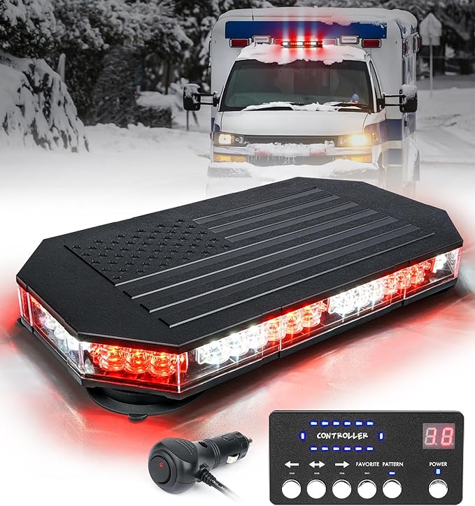 LUMENIX Rooftop Strobe Beacon Lights White Red LED Emergency Warning Caution Flashing Traffic Light Bar for POV Firefighter Ambulance Vehicles Fire Trucks, American Flag Pattern | Patented Design