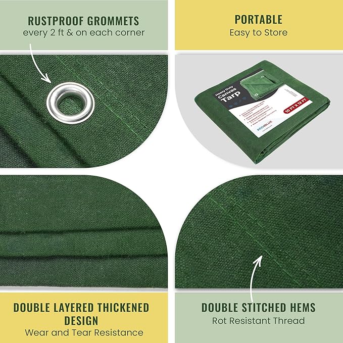 REDIBLUE 10 x 12 ft Heavy Duty Canvas Tarp, Multi Purpose Use for Camping, Tent Canopy, Outdoor, Rustproof Grommets, Durable, Water Resistant, Cotton 17oz - Olive Drab