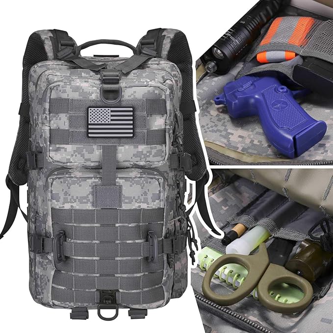 MOLLE Assault Backpack, Tactical Backpack Army Military Camping Rucksack, 3-Day Pack Travel Trip w/USA Flag Patch, D-Rings, ACU Camo