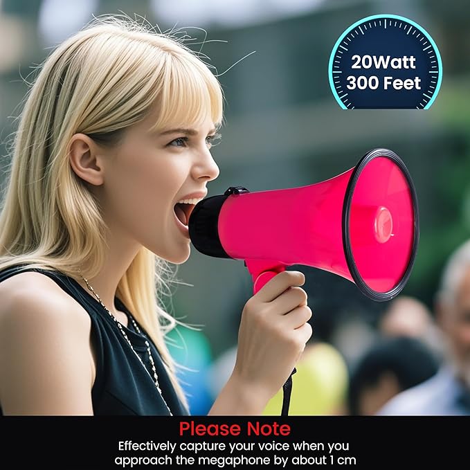 MyMealivos Portable Megaphone Bullhorn 20 Watt Power Megaphone Speaker Voice and Siren/Alarm Modes with Volume Control and Strap (Deeppink)…