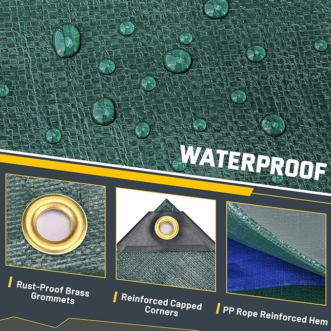 Kesfitt Tarp Heavy Duty Waterproof 8x10FT,16 Mil Thick Tarps Tear&Fade Resistant,UV Resistant,Poly Tarp Cover with Grommets and Reinforced Edges for Outdoor Camping Pools Boat Car(Green/Blue)