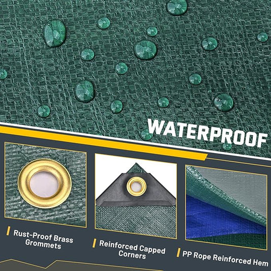 Kesfitt Tarp Heavy Duty Waterproof 12x20FT,16 Mil Thick Tarps Tear&Fade Resistant,UV Resistant,Poly Tarp Cover with Grommets and Reinforced Edges for Outdoor Camping Pools Boat Car(Green/Blue)
