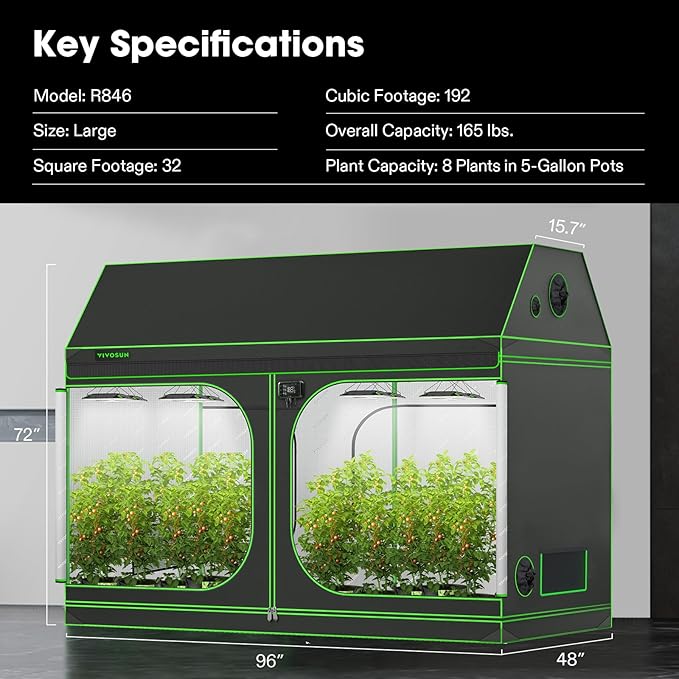 VIVOSUN R846 4x8 Grow Tent, 96"x48"x72" Roof Cube Tent with Observation Window and Floor Tray for Hydroponics Indoor Plant for VS4000/VSF4300