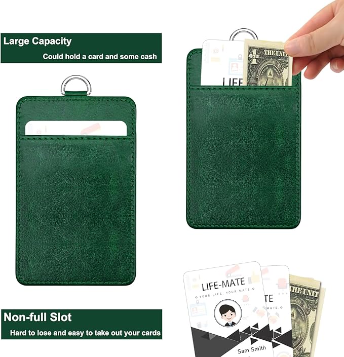 Life-Mate ID Badge Holder with 1 Clear ID Window, 1 Credit Card Slot and PU Leather Lanyard for Badge, College ID Cards in Dark Green