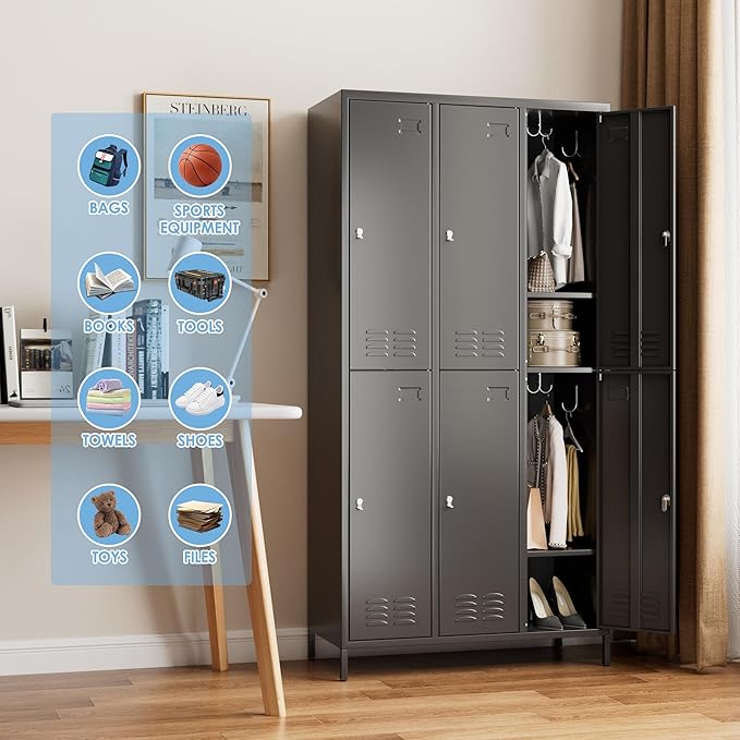 Metal Lockers for Employees with 6 Doors and 18 Hooks, 72”H Storage Locker with Card Slot for Office Gym School Bedroom, Black, Assembly Required