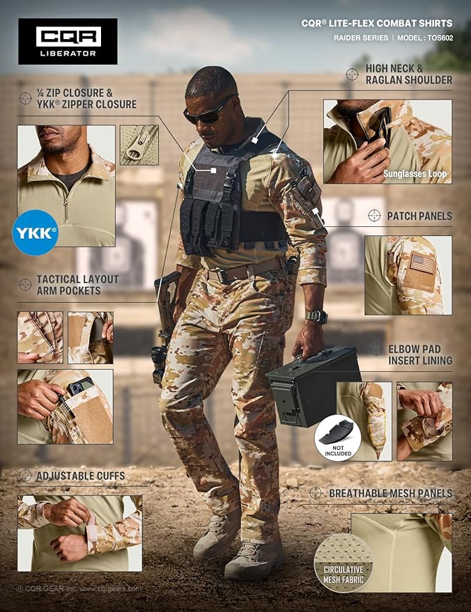 CQR Men's Combat Shirt Tactical 1/4 Zip Long Sleeve Military BDU Shirts Camo EDC Top with Pockets