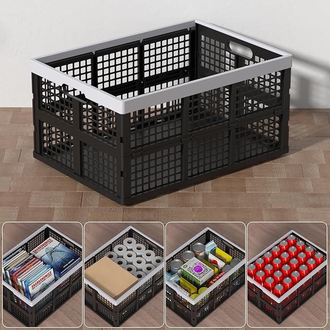 4 Packs 66 L Plastic Collapsible Storage Crates, Large Folding Stackable Crate