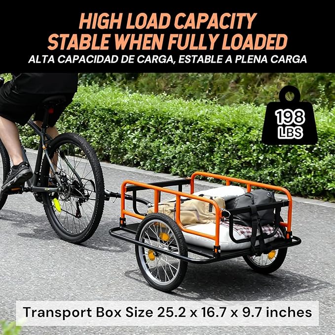 SEKAM Bike Cargo Trailer, 198 lbs Load Capacity, Foldable Bicycle Trailer with Reflectors & Universal Hitch, Heavy-Duty Utility Bike Cart for Camping & Shopping (Orange)