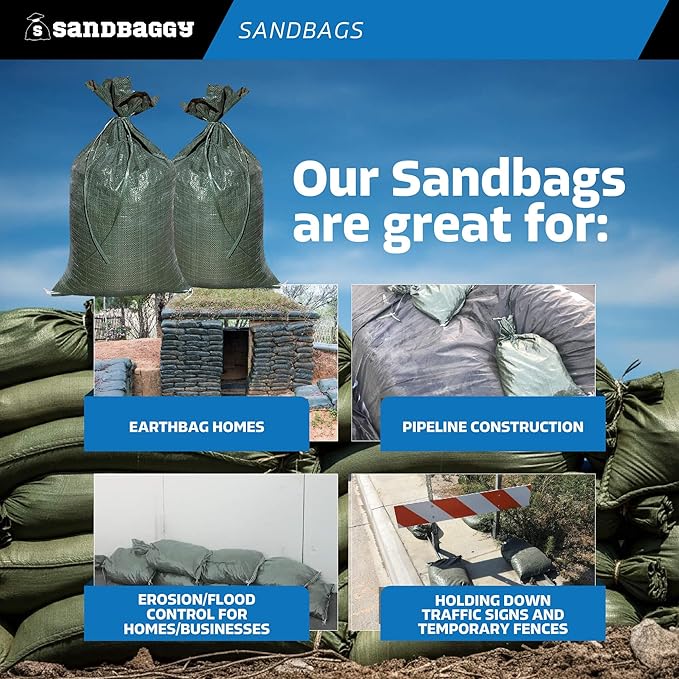 Sandbaggy - Heavy Duty Empty Sandbags For Flooding (14" X 26") - Poly Sand Bags - Flood Barrier, Weight, Construction, Earth Bag Homes - Reusable, UV Resistant - Tie Strings Attached (5,000 Bags)