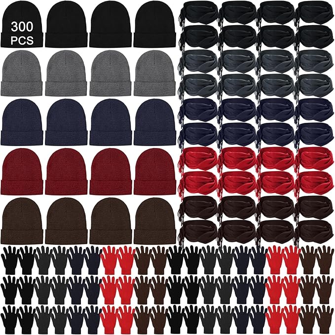 Unittype 300 Pcs Winter Homeless Care Supplies Bulk - Beanies Caps Gloves Scarves Set for Community Charity Church Donation