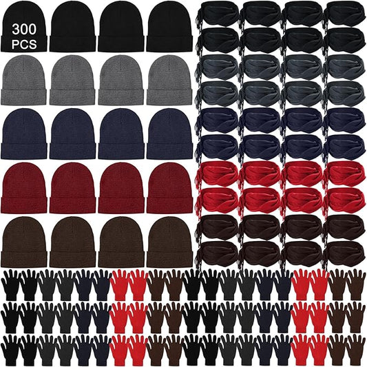 Unittype 300 Pcs Winter Homeless Care Supplies Bulk - Beanies Caps Gloves Scarves Set for Community Charity Church Donation