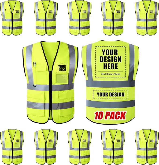 Custom Safety Vest with Logo, High Visibility Reflective Personalized Vest with Pockets for Men Women Construction