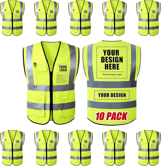 Custom Safety Vest with Logo, High Visibility Reflective Personalized Vest with Pockets for Men Women Construction