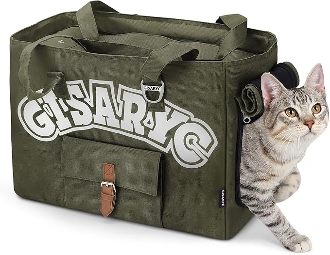 Dog Purse Carrier for Small Dogs, Cats and Puppies – Soft-Sided Foldable Pet Travel Bag with Multi Pockets, 3-Sided Mesh & Rollable Cover for Nervous Cats, Fits Pets up to 15 lbs (Olive Green)