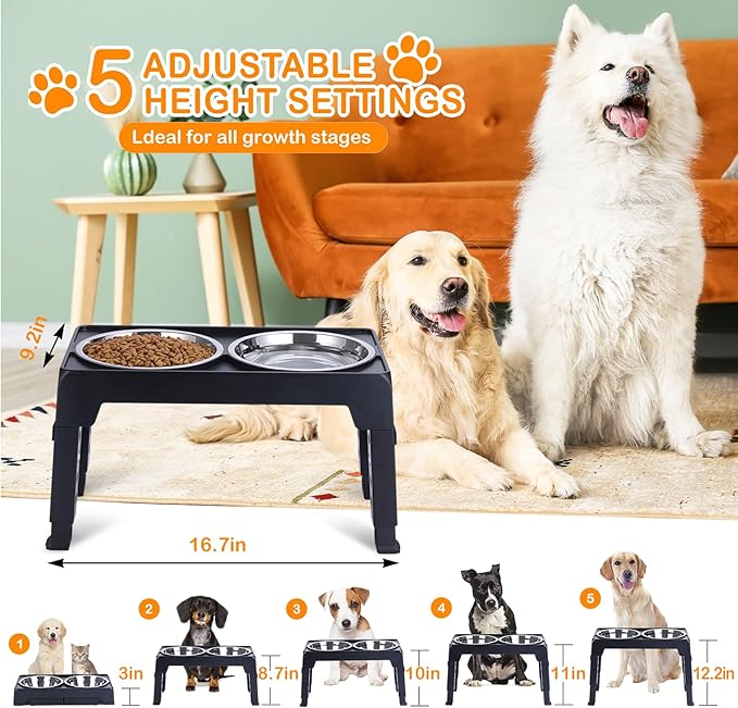 Elevated Dog Bowls - Raised Stand with 2 Stainless Steel and 1 Slow Feeder Bowl, Adjustable 5 Heights for Medium Large Dogs, Non-Slip, Black
