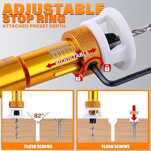 Countersink Drill Bits Set with Depth Stop (1/8", 9/64", 5/32",3/8”,1/2”), Quick Change Hex Shank Countersink Drill with Phillips Bit for Wood, Plastic, Woodworking