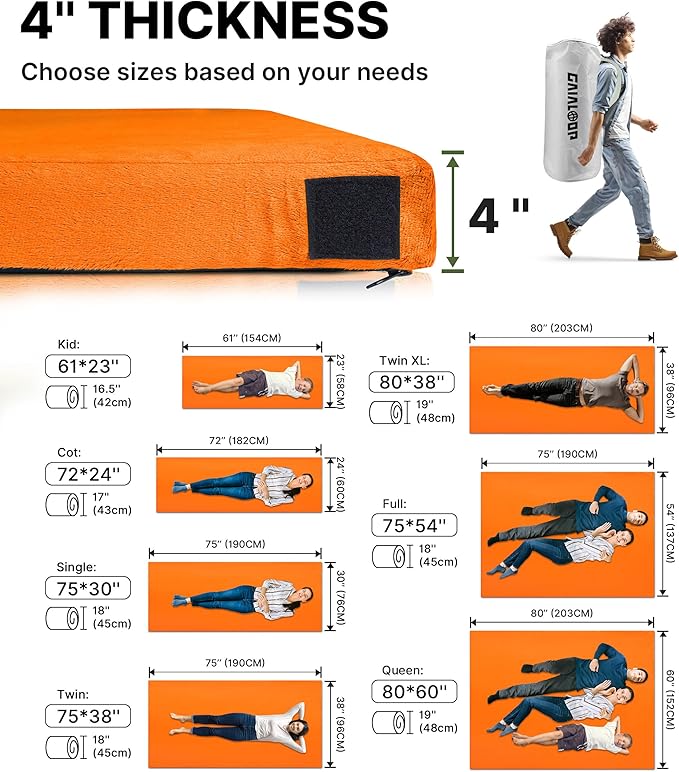 4 INCH Extra Thick Memory Foam Camping Mattress, 30D Foam Camp Pad for Car Tent Cot, Roll Up Mattress for Guests Sleepovers RV Truck Camper
