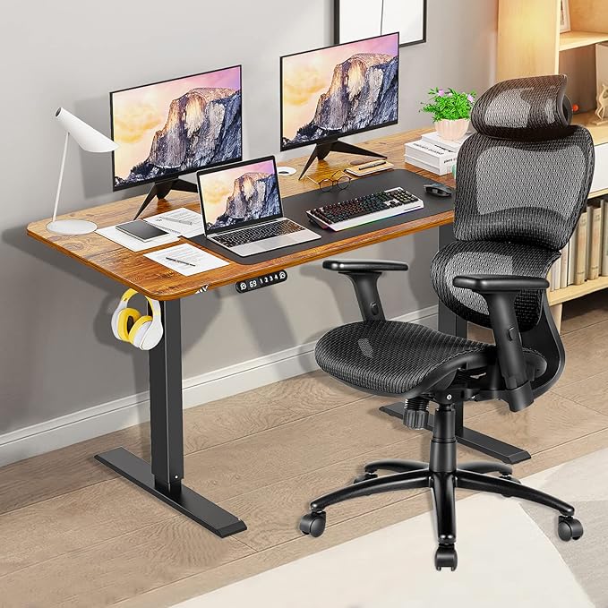 Electric Adjustable Height Standing Desk, 48×24 Inches Sit Stand Desk with Power Socket, 2 USB Ports, 3 Power Outlets, 4 Wheels,4 Memory Buttons Home Office Computer Workstations (Brown)